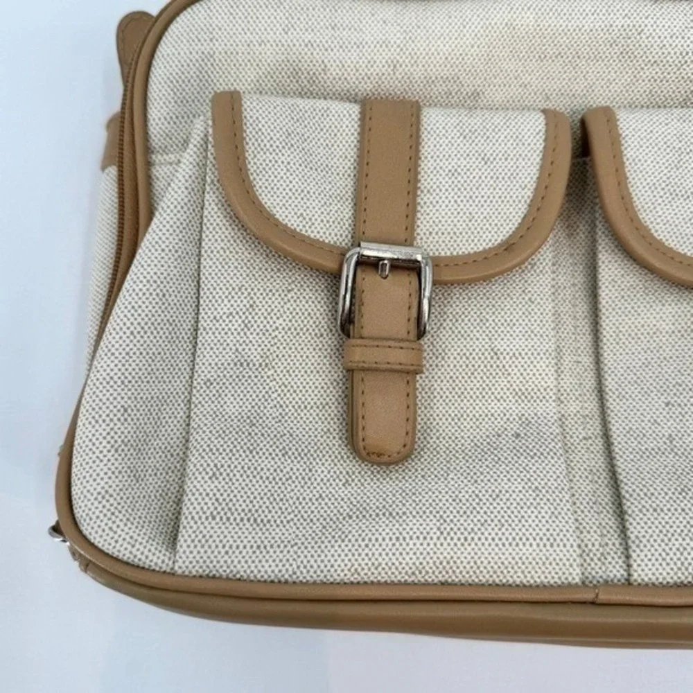 Vintage Faux Canvas Organizer Satchel Bag‎ Tan Cream Multi Pocket Briefcase